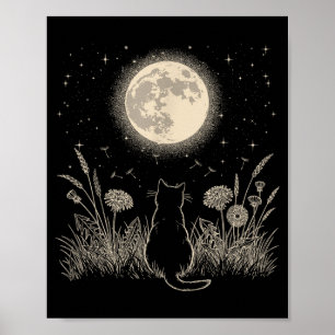 Poster Chat Noir Lune Florale Esthétique Hommes Femmes Ch
