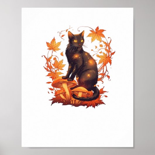 Poster Chat noir magique en Forêt d'automne - Fal céleste (Devant)