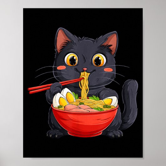 Poster Chat noir mangeant des nouilles Ramen dans le styl (Devant)