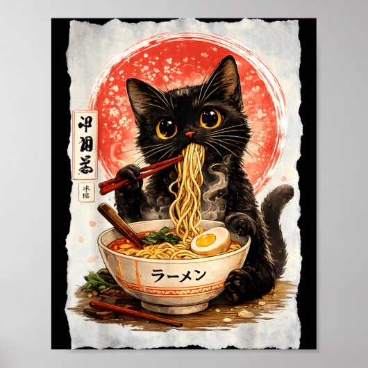 Poster Chat noir mangeant des ramen mignon kawaii anime c (Devant)
