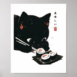 Poster Chat noir manger Sushi - Chat Art Japonais