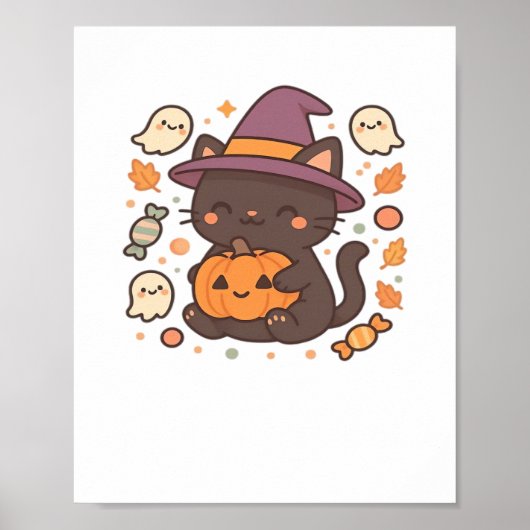 Poster Chat noir mignon avec Casquette sorcier - Kawaii H (Devant)