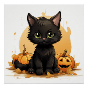 Poster Chat noir mignon avec Citrouille