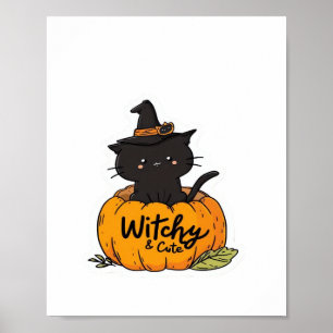 Poster Chat noir mignon en citrouille avec casquette sorc