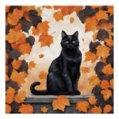 Poster Chat noir mignon et feuilles d'automne en chute (Devant)