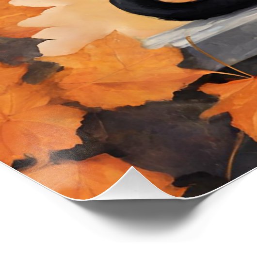 Poster Chat noir mignon et feuilles d'automne en chute (Coin)