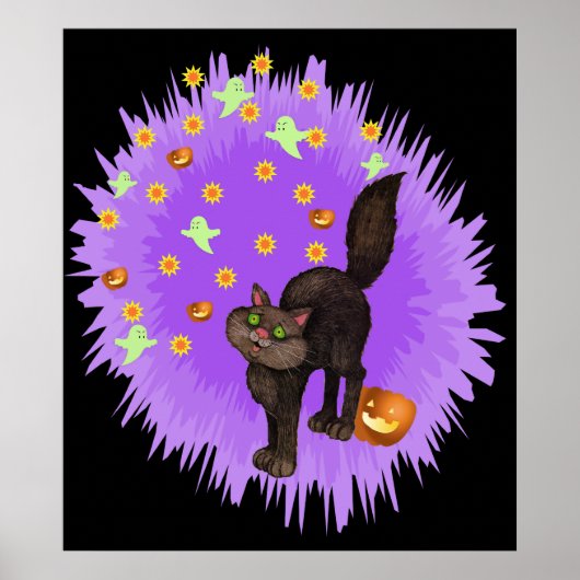 Poster Chat noir mignon Halloween Étoile violette éclate (Devant)