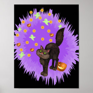 Poster Chat noir mignon Halloween Étoile violette éclate