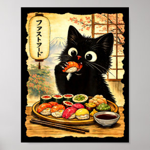 Poster Chat noir mignon mangeant des sushis kawaii nourri