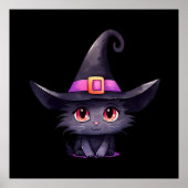 Poster Chat noir mignon portant un Casquette de sorcière (Devant)