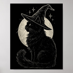 Poster Chat noir mignon sorcière Casquette Lune Retro Coq