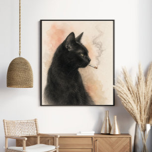 Poster Chat Noir Mystérieux Fumant Graphite Vintage