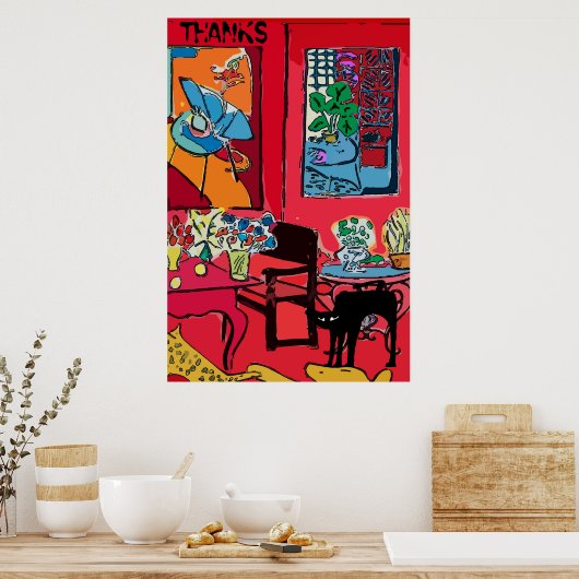 Poster Chat noir par table, MERCI (Cuisine)