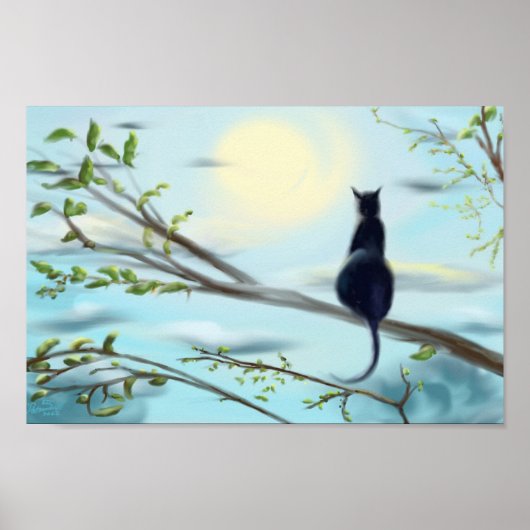 Poster chat noir perché dans l'arbre, art à l'aquarelle (Devant)