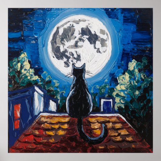 Poster Chat Noir Pleine Lune Toit (Devant)