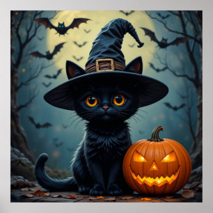 Poster Chat Noir Portant un Chapeau de Sorcière Halloween