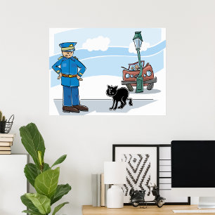 Poster Chat noir porte-malheur Policier et Accident