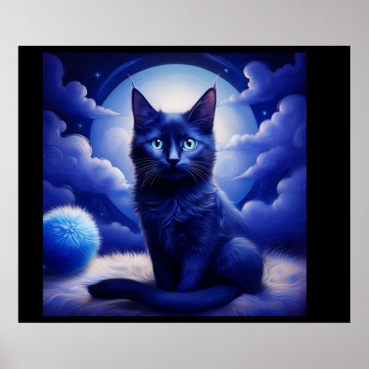 Poster Chat Noir Posant Devant La Lune Et Les Nuages Blan (Devant)