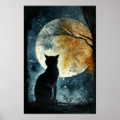 Poster Chat noir regardant la Lune (Devant)