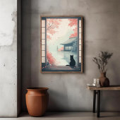 Poster Chat noir regarder japonais Automne Zen Scène Art