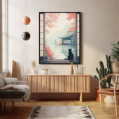 Poster Chat noir regarder japonais Automne Zen Scène Art