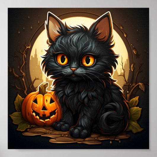 Poster Chat noir rétro Halloween Éffrayant Orange Citroui (Devant)