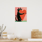 Poster Chat noir rétro milieu du siècle serrant un cœur (Cuisine)