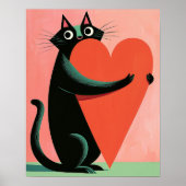 Poster Chat noir rétro milieu du siècle serrant un cœur (Devant)