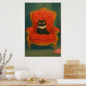 Poster Chat Noir Royal sur Trône Rouge (Cuisine)