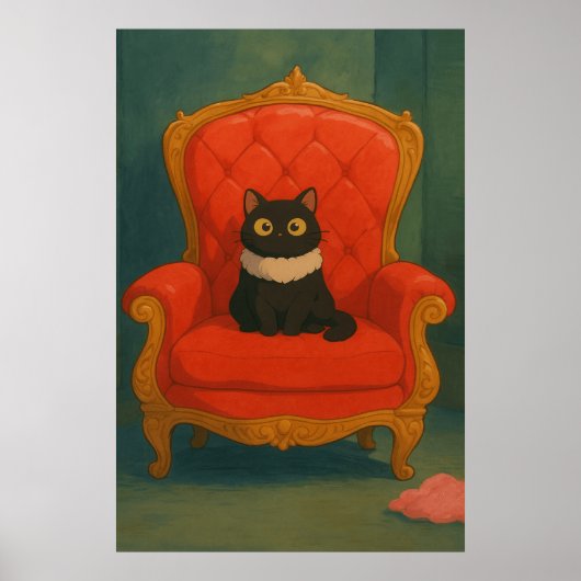 Poster Chat Noir Royal sur Trône Rouge (Devant)