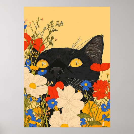 Poster Chat Noir Se Cachant Parmi Les Fleurs (Devant)