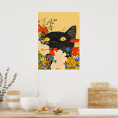 Poster Chat Noir Se Cachant Parmi Les Fleurs (Cuisine)