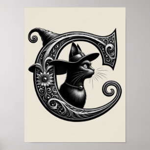 Poster Chat Noir Sorcière Lettre C Initiale personnalisée