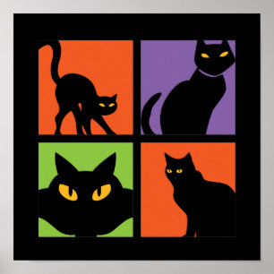 Poster Chat noir sorcière rétro vintage Halloween Pop Art