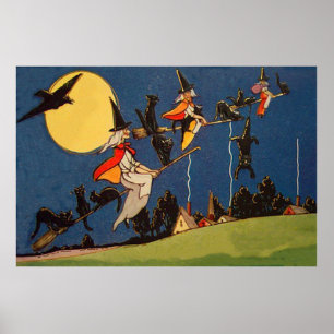 Poster Chat noir sorcière volant lune corbeau