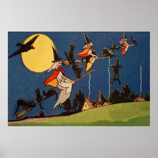 Poster Chat noir sorcière volant lune corbeau (Devant)