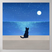 Poster Chat noir sous la nuit étoilée pleine lune (Devant)