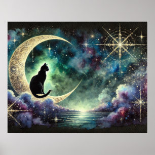 Poster Chat noir sur Crescent Moon avec ciel étoilé