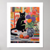 Poster Chat noir sur la table avec livres fleurs fruits (Devant)