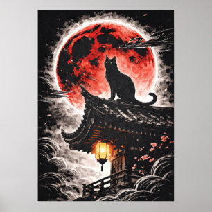 Poster Chat noir sur toit de pagode, Lune rouge - Art jap