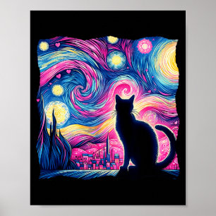 Poster Chat Noir Van Gogh Nuit Étoilée Art Cœurs Valenti