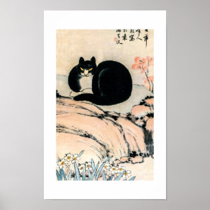 Poster Chat noir vintage et Narcisse par Zhu Ling