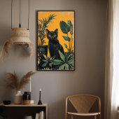 Poster Chat noir vintage et Plantes pointillés