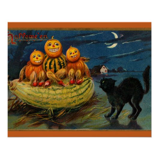 Poster Chat noir vintage Halloween Citrouille (Devant)