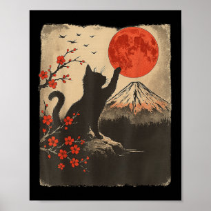 Poster Chat Noir Vintage Rétro Art Japon Thème Japonais G