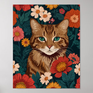 Poster Chat orange avec fleurs sauvages colorés