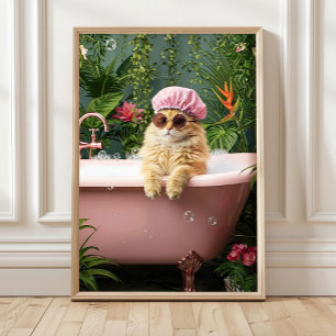 Poster Chat orange dans une baignoire rose affiche, Affic
