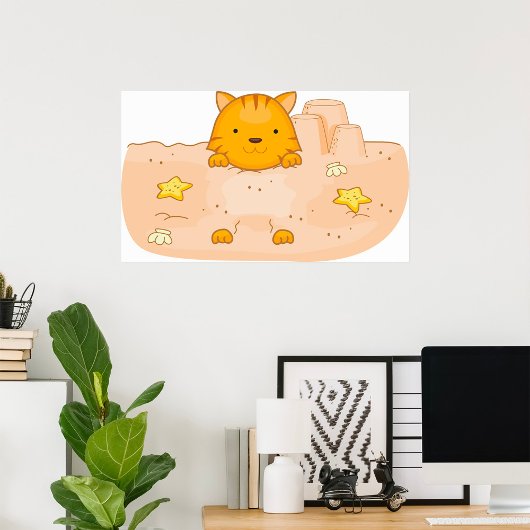 Poster Chat orange dans une scène de plage avec un châtea