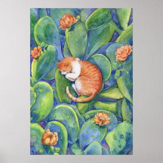 Poster Chat orange dormant parmi les cactus d'art (Devant)