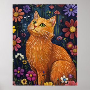 Poster Chat orange parmi des fleurs colorées